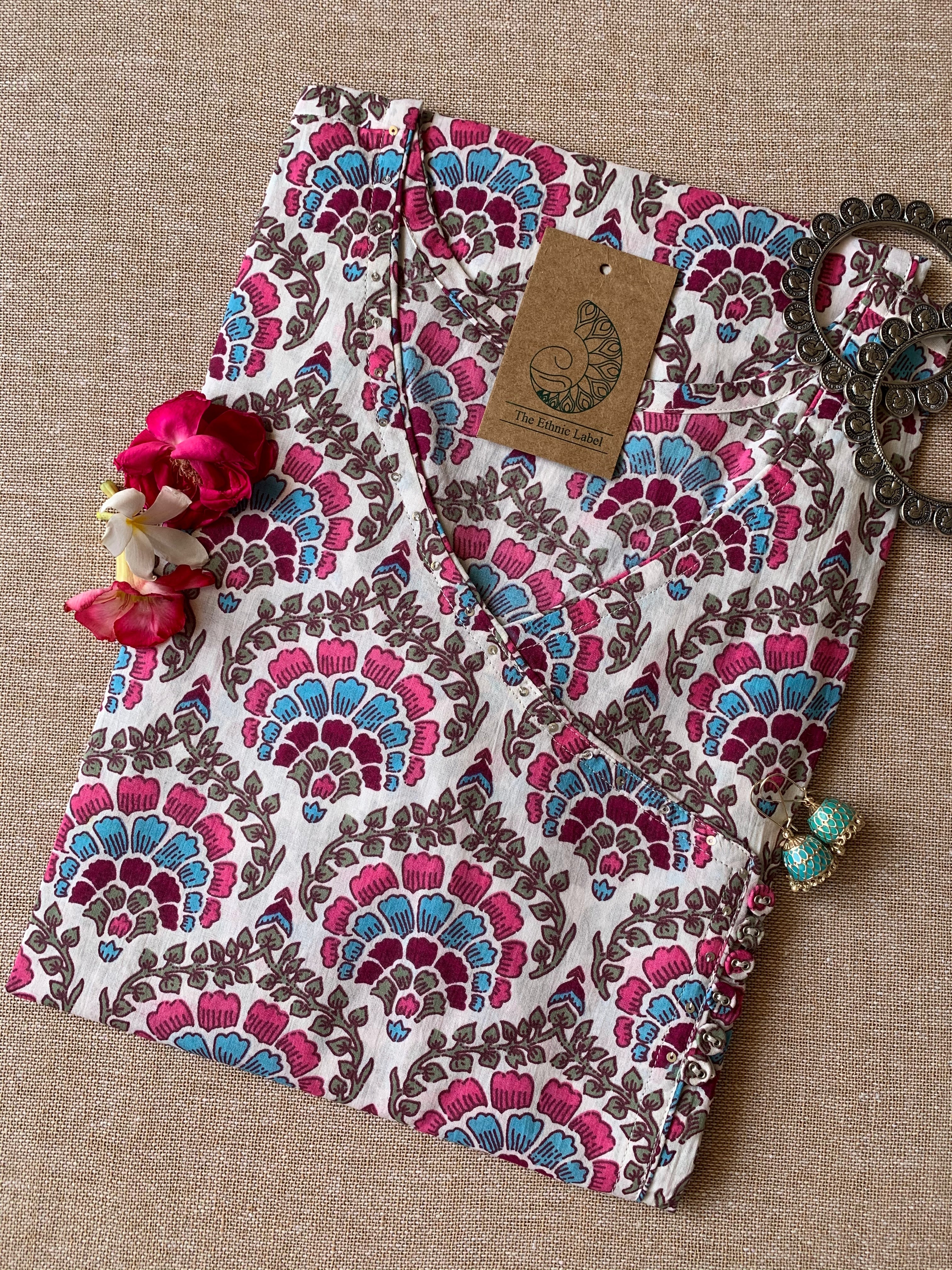 "Orchid" Blue Pink Angrakha Cotton Kurta